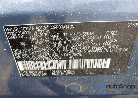 2008 Toyota Rav4 Sport V6 z USA, uszkodzony, nr VIN JTMBK32V785053984